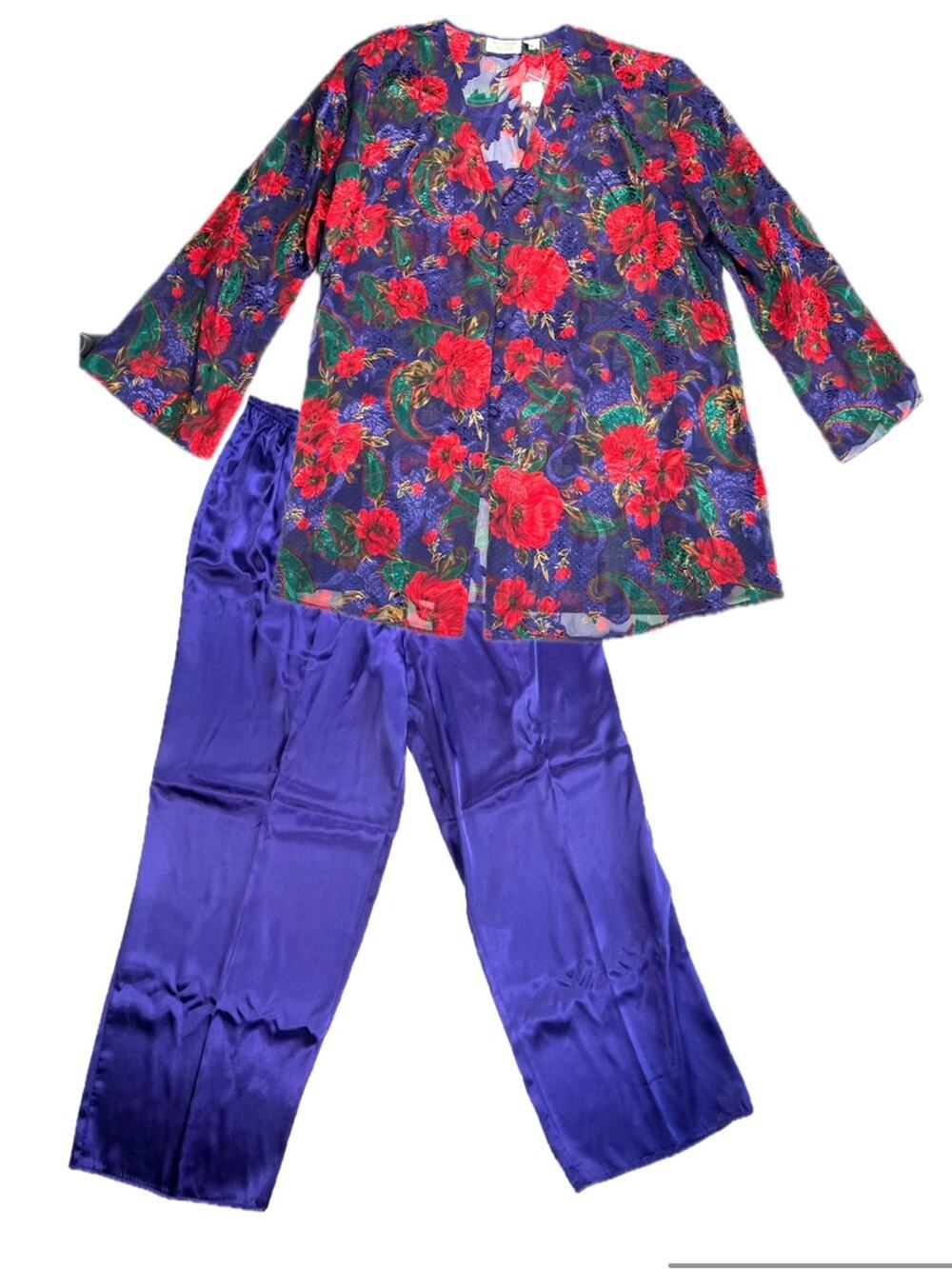 2000's Victoria's Secret Satin Floral Pajamas Purple Red Sheer Button Down Large